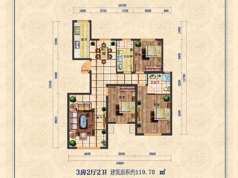 包頭裝修方案中城國際城三室兩廳兩衛(wèi)119平方米